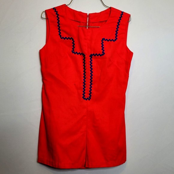Vintage Jumpsuit Romper Shorts Zip Back Handmade Red Blue Rick Rack Trim Small - Picture 1 of 10